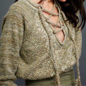 Free People Olive Lace-Up V-Neck Sweater